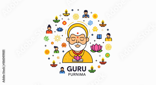 Guru Purnima Celebration with Spiritual Guru, Lotus Flowers, Diyas, and Devotees in a Festive Design