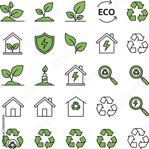 Green Energy Icons Set Nature Eco Friendly Renewable Power House And Recycling Symbols Collection