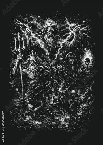 Zeus, Poseidon, and Hades depicted as ancient Greek gods of sky, sea, and underworld in dark fantasy black and white mythological illustration