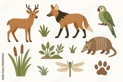 Paraguayan wildlife vector icons gentle organic flat style 