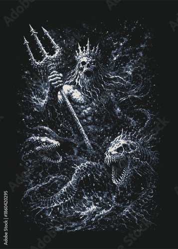 Poseidon sea god holding trident emerging from raging ocean waves, dark fantasy black and white illustration inspired by Greek mythology