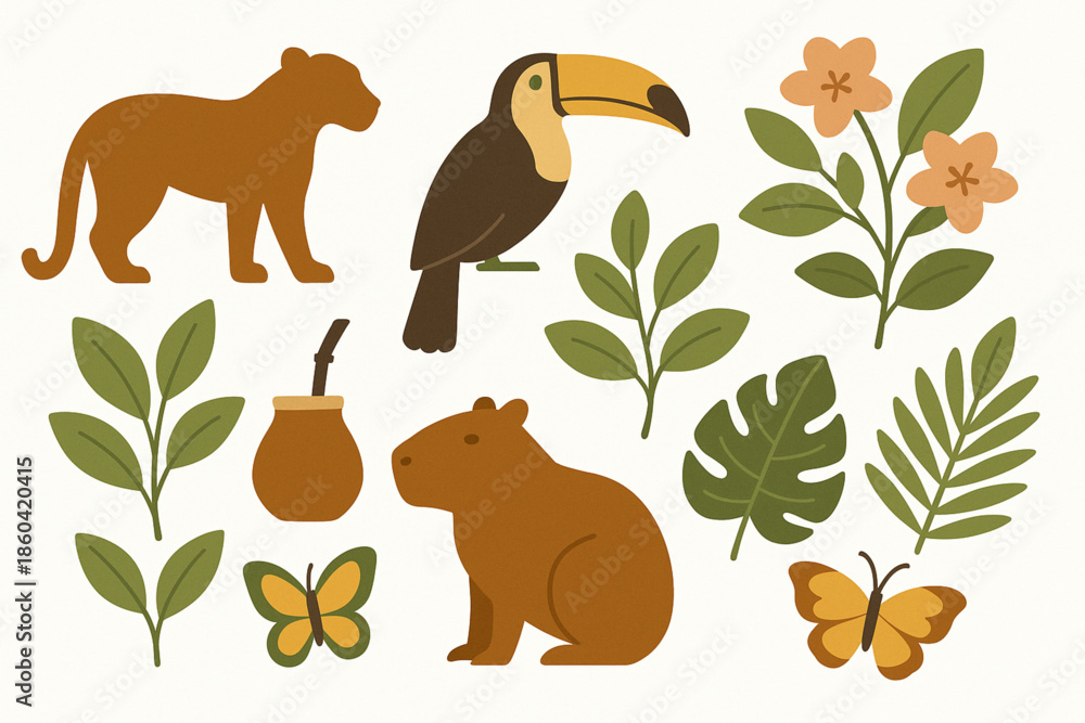 Fototapeta premium Paraguayan flora and fauna vector icons organic flat style
