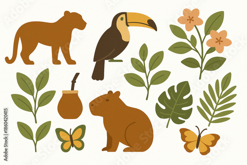 Paraguayan flora and fauna vector icons organic flat style
