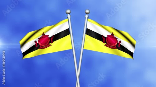 Brunei Crossed Flags Waving in Blue Sky Loop Animation | Realistic 3D National Flag Background