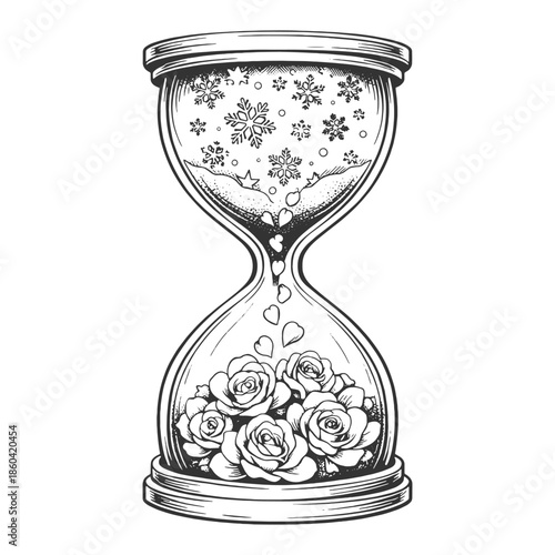 Hourglass filled with blooming roses and falling petals, black and white hand drawn line art illustration symbolizing time, life, and mortality