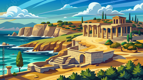 Very beautiful view of the ancient ruins of Kourion in Limassol District, Cyprus, overlooking the Mediterranean Sea with dramatic cliffs and historic stone remains.