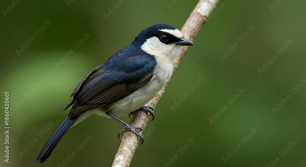 Obraz premium Captivating black, white, and grey bird with a distinctive crown perched on a branch in a vibrant jungle