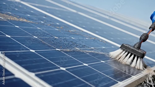 Cleaning Solar Panel with Water-Fed Brush for Maximum Efficiency - AI Generated