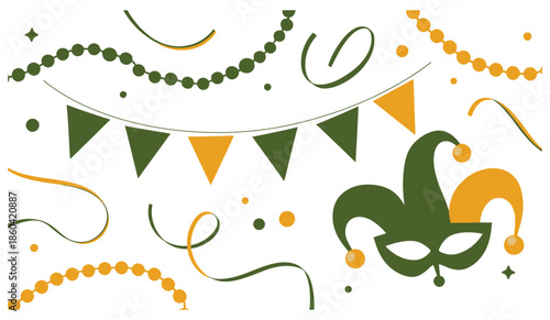 Mardi Gras carnival party vector elements with jester mask, beads, bunting, and festive confetti decorations