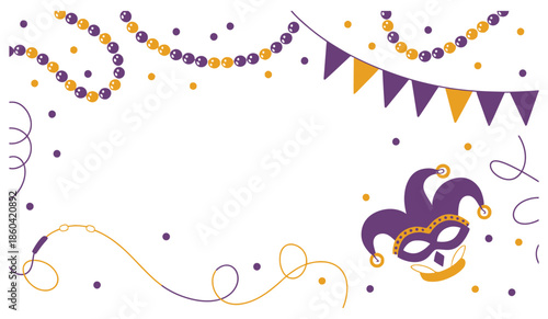 Mardi Gras carnival party vector elements with jester mask, beads, bunting, and festive confetti decorations