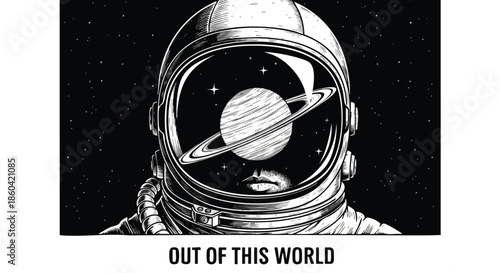Surreal Astronaut Reflection with Ringed Planet and Stars in Helmet Visor.