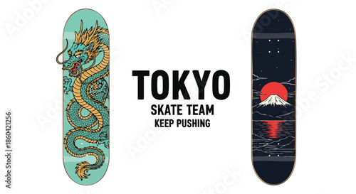 Tokyo Skate Team: Dynamic Dragon and Iconic Mount Fuji Skateboard Designs.
