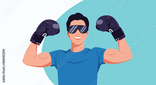 A confident young man with sunglasses and boxing gloves smiles, flexing his biceps and showcasing his strength and athletic prowess.