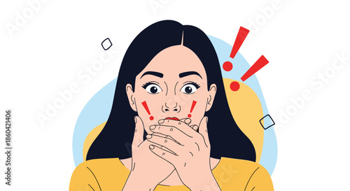 A surprised young woman covers her mouth with her hands, her wide eyes and surrounding exclamation marks clearly indicating a strong feeling of shock and alarm.