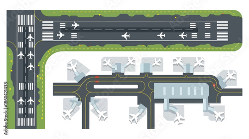 Aerial view of a simple airport layout with planes and terminal buildings