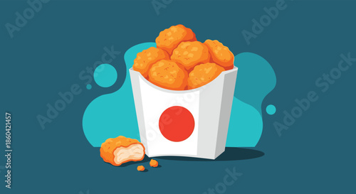 A stylized illustration features a bucket overflowing with golden fried chicken nuggets, one partially eaten nugget, and crumbs on a modern teal background.