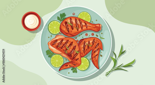 Delicious grilled chicken drumstick and wings served on a light blue plate with fresh lime slices, green herbs, and a side of creamy white sauce.