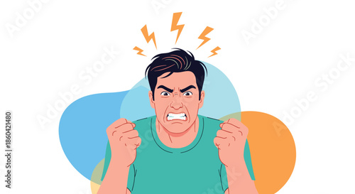 A furious man clenching his fists, depicted with lightning bolt symbols above his head, expressing intense anger, stress, or frustration.