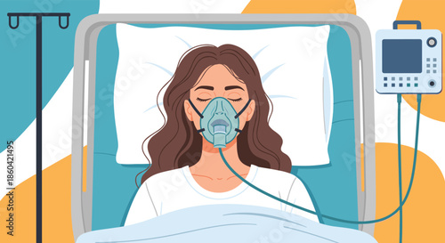 Woman hospitalized with an oxygen mask and connected to medical monitoring equipment, symbolizing critical illness and intensive care.