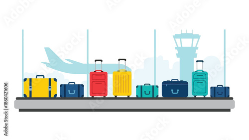 Colorful suitcases on a luggage carousel with an airport control tower backdrop