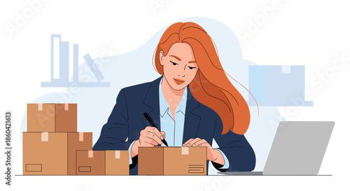 Entrepreneurial woman labels cardboard boxes for shipping, managing her online store operations with a laptop at her desk.