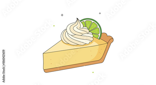 A delicious slice of key lime pie topped with fluffy whipped cream and a fresh lime garnish, in a vibrant illustration style.