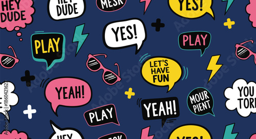 Vibrant Seamless Pattern with Pop Art Speech Bubbles and Fun Sayings for Youthful Designs.