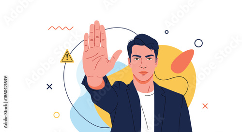 A serious man in a dark blazer makes a stop gesture with his hand, symbolizing a warning, refusal, or prohibition.