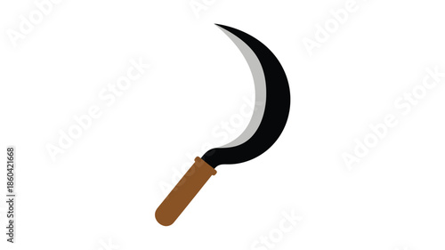 A simple illustration of a curved handheld sickle with a wooden handle