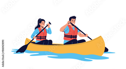 Two smiling people, a man and a woman, wearing life vests, paddle a yellow canoe together on calm blue water, enjoying an outdoor activity.
