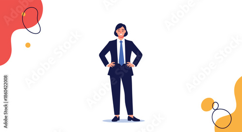 A confident business professional stands with hands on hips in a modern office setting.