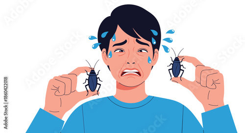 A person showing extreme fear and disgust while holding two cockroaches in their hands.