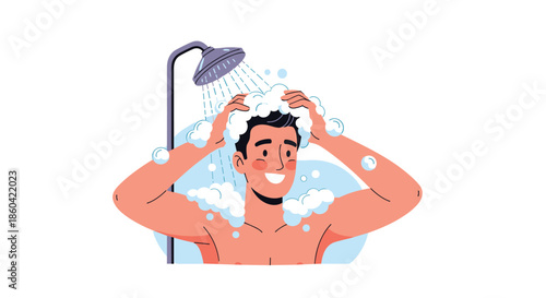 A happy man washing his hair and body under a refreshing shower with soap suds.