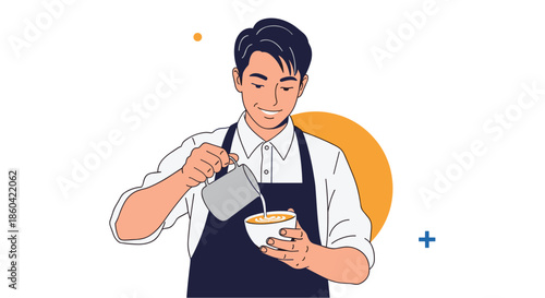 A skilled barista expertly pours steamed milk into a cup creating latte art for a delicious coffee beverage.