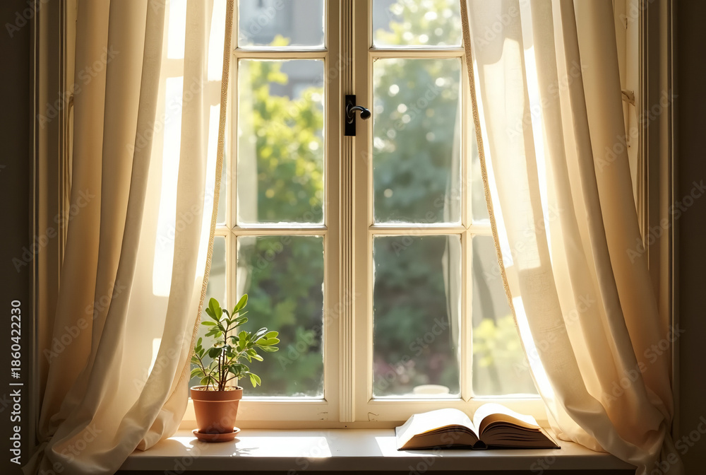Fototapeta premium Sunlight streams through a cozy window, illuminating a book and a small potted plant in a serene indoor setting