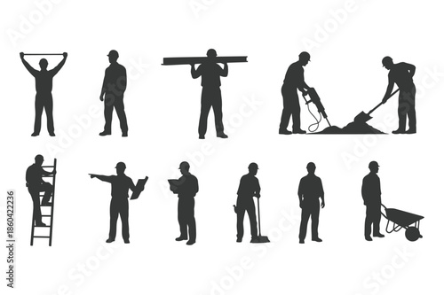 Silhouetted workers engaged in various labor activities against a plain white background
