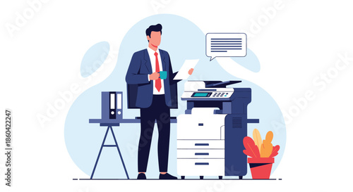 A businessman in a suit holding coffee and documents next to a copier.