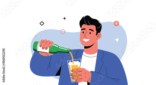 A happy man is pouring a beer into a glass at a party celebration.