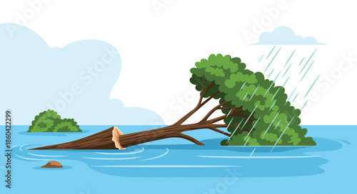 A fallen tree lies in the water during a heavy rainstorm.