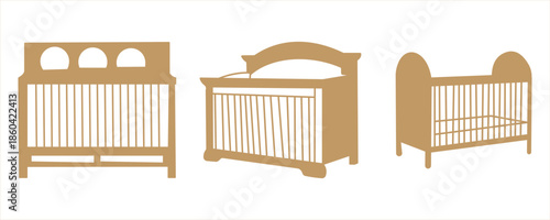 Baby Crib Bed Vector Icon Set – Black and White Outline Illustration Isolated on White Background