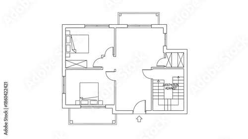 Simple floor plan illustration displaying a two bedroom residence layout