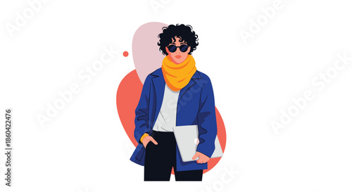 A person in a blue jacket and yellow scarf holding a laptop with curly hair and sunglasses.