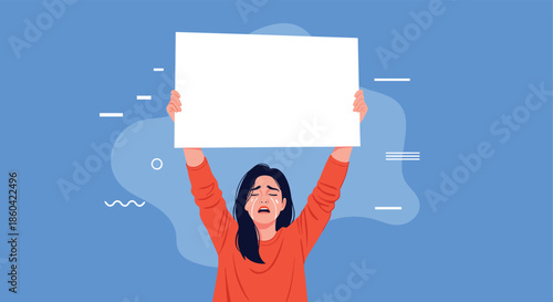 A woman holding a blank sign with a distressed expression.
