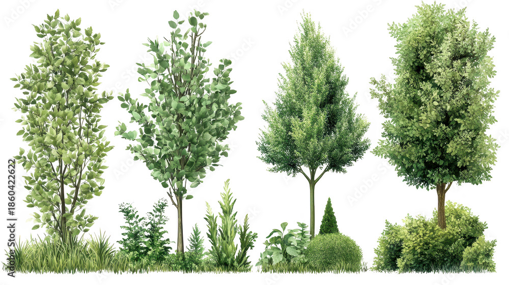 Obraz premium A collection of diverse trees and shrubs various leaf shapes and sizes. set against a clean white background. ideal for nature-themed projects or landscaping designs