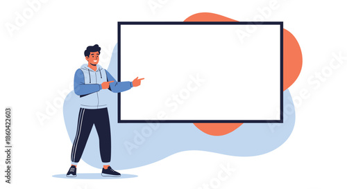 Man pointing at a blank presentation board with abstract shapes in the background.