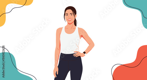 Healthy woman in casual activewear posing confidently with a smile on a white background.