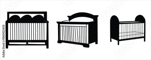 Baby Crib Bed Vector Icon Set – Black and White Outline Illustration Isolated on White Background