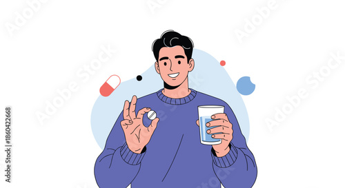 Man holding a pill and glass of water with a healthy gesture and abstract shapes in the background.