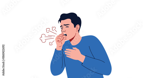 A young man is coughing and experiencing chest discomfort with a visual representation of his breath.