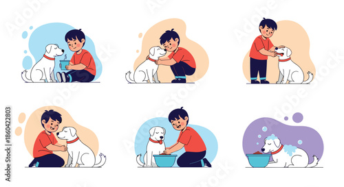 A boy caring for his spotted dog with love and attention.